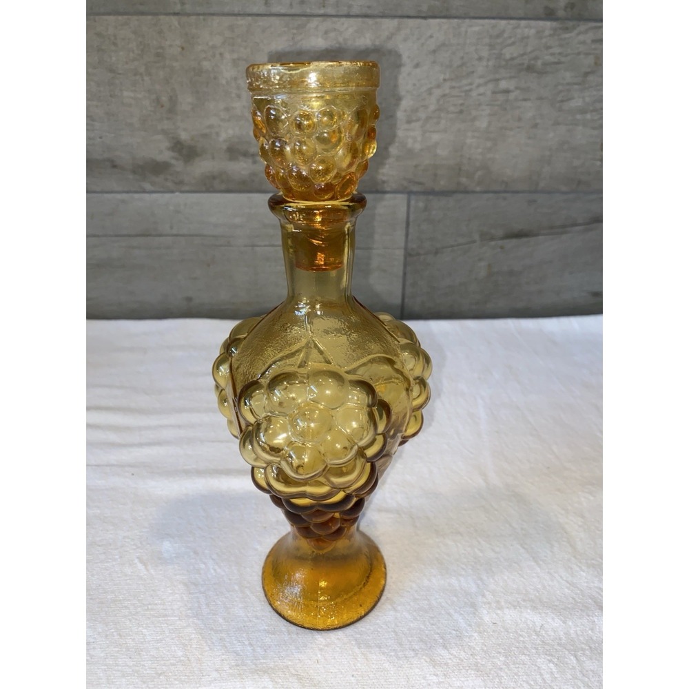 Vintage Amber Glass Decanter with matching stopper in grape pattern